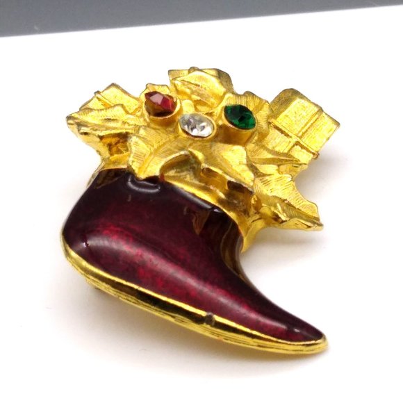 Elegant Christmas Stocking Brooch, Vintage Enamel with Gold Tone Gifts and Red - Picture 3 of 4